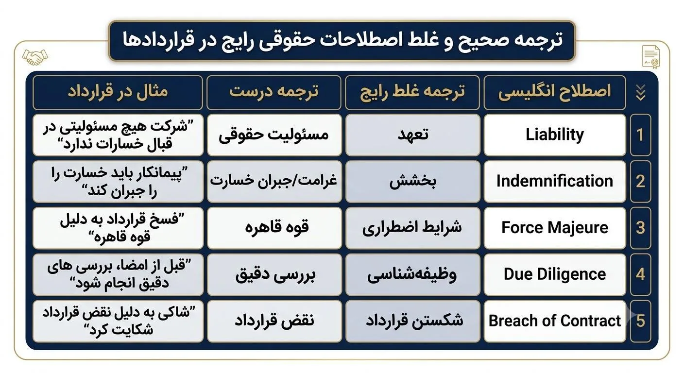 جدول نمونه اصطلاحات رایج در ترجمه قراردادها